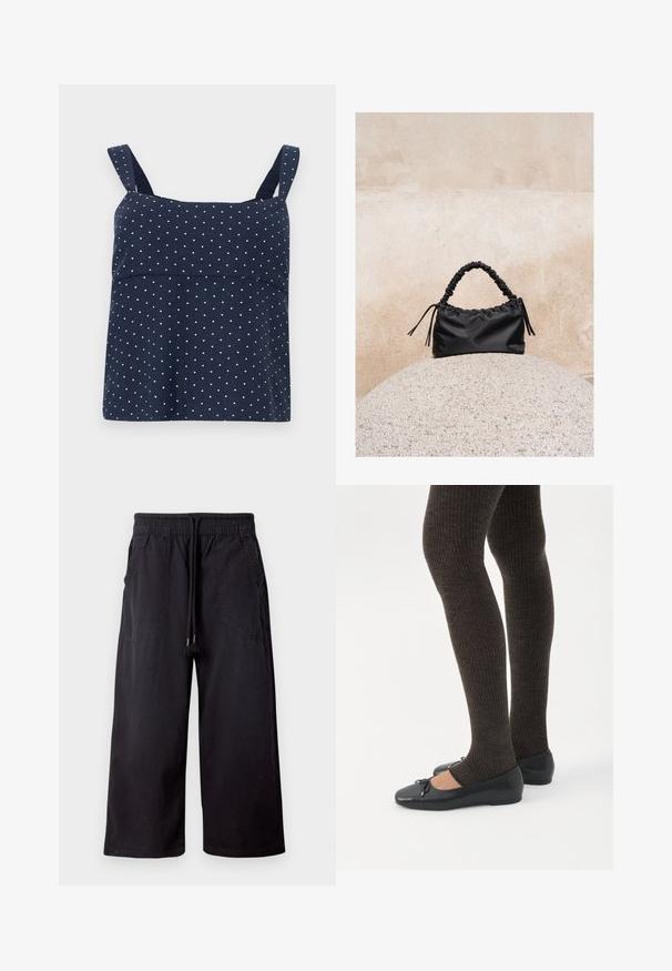 Top sin mangas azul marino con lunares blancos, que presenta un corsé estructurado y tirantes anchos. Fabricado en una tela suave y ligera.; Pantalones negros de pierna ancha con cintura elástica y cordón, con bolsillos delanteros de parche, exhibidos sobre un fondo claro y liso.; Piernas con leggings oscuros acanalados combinados con bailarinas negras que presentan pequeños detalles de lazo sobre un fondo blanco.; Bolso negro fruncido con asa recogida, apoyado sobre una esfera de piedra texturizada frente a una pared de hormigón beige.