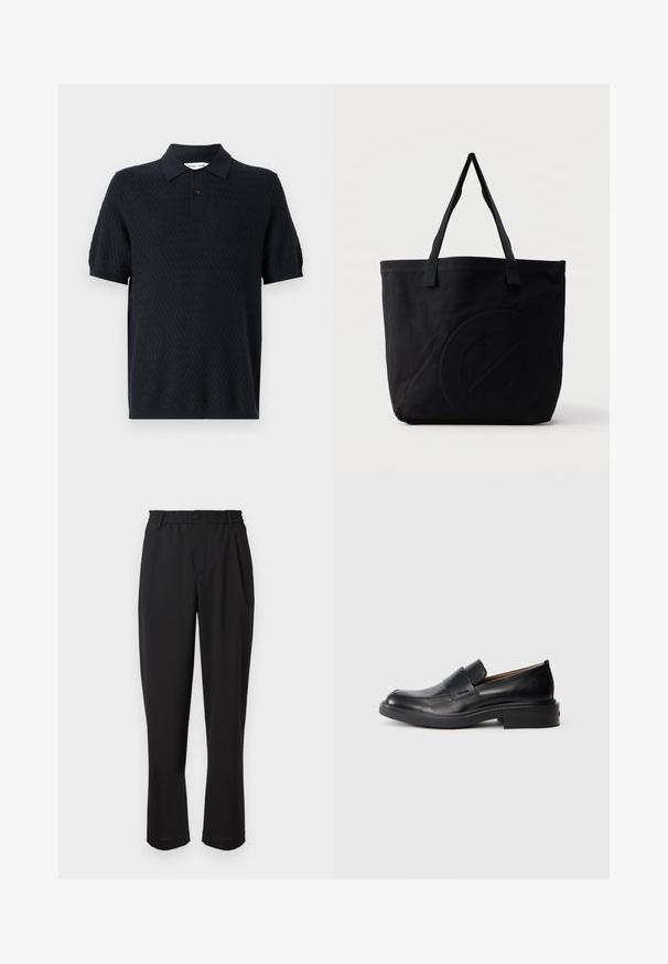 Polo negro con un patrón texturizado de zigzag, mangas cortas y un cuello con dos botones. Fabricado con un tejido transpirable.; Pantalones negros con cintura elástica, cierre de botón y diseño de pierna recta. Tejido liso, sin patrones o acentos visibles.; Zapato de vestir negro de cuero sin cordones con tacón bajo y un sutil logo de Calvin Klein en el lateral, mostrado en perfil sobre un fondo blanco.; Bolsa tote de lona negra con dos correas para el hombro y un diseño circular en relieve sutil en el frente.