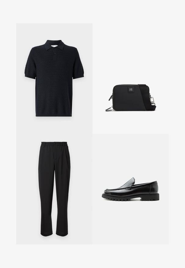Sort polo t-shirt med et struktureret zigzagmønster, korte ærmer og en krave med to knapper. Lavet af et åndbart stof.; Sorte bukser med elastisk liv, knaplukning og lige ben-design. Glat stof, ingen synlige mønstre eller accenter.; Sort læderloafer med chunky gummisål, syet overdel og præget mærkenavn på hælen, vist i sideprofil på hvid baggrund.; Sort rektangulær taske lavet af tekstureret materiale, med lynlås lukning, justerbar rem og en logo-patch på fronten.