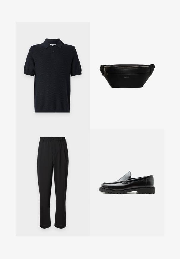 Sort polo t-shirt med et struktureret zigzagmønster, korte ærmer og en krave med to knapper. Lavet af et åndbart stof.; Sorte bukser med elastisk liv, knaplukning og lige ben-design. Glat stof, ingen synlige mønstre eller accenter.; Sort læderloafer med chunky gummisål, syet overdel og præget mærkenavn på hælen, vist i sideprofil på hvid baggrund.; Sort læder Calvin Klein bæltetaske med sølv lynlås og justerbar rem, minimalistisk logo foran i midten.