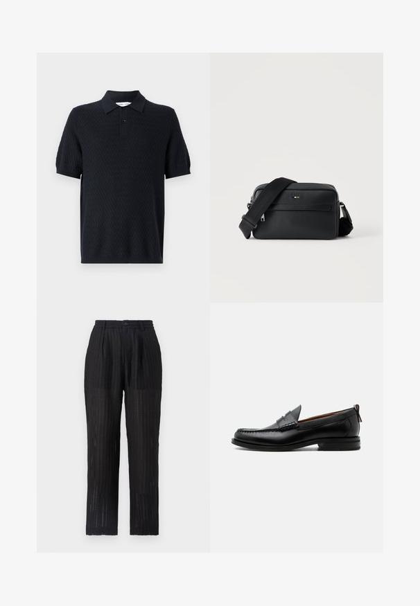 Polo negro con un patrón texturizado de zigzag, mangas cortas y un cuello con dos botones. Fabricado con un tejido transpirable.; Pantalones negros de pliegues con una tela texturada y con patrón. Presentan una cintura elástica y cierre de botón, diseño de pierna recta.; Mocasín de hombre de piel negra con costura moc toe, tira penny, cuello texturizado y tacón bajo apilado sobre fondo blanco.; Bolso bandolera negro de cuero texturizado con bolsillo frontal con cremallera y correa de hombro ancha de tela ajustable sobre fondo blanco.
