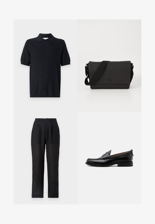 Polo negro con un patrón texturizado de zigzag, mangas cortas y un cuello con dos botones. Fabricado con un tejido transpirable.; Pantalones negros de pliegues con una tela texturada y con patrón. Presentan una cintura elástica y cierre de botón, diseño de pierna recta.; Mocasín de hombre de piel negra con costura moc toe, tira penny, cuello texturizado y tacón bajo apilado sobre fondo blanco.; Lacoste MESSENGER BAG MEN CLASSIC - Bandolera - noir