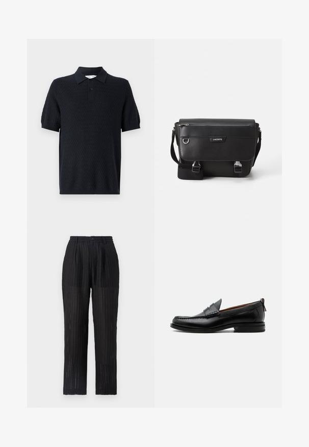 Sort polo t-shirt med et struktureret zigzagmønster, korte ærmer og en krave med to knapper. Lavet af et åndbart stof.; Sorte, plisserede bukser med et tekstureret, mønstret stof. Har en elastisk talje og knaplukning, lige ben-design.; Sort læder herre loafer med moc-tå syning, penny strop, struktureret krave og lav stablet hæl på hvid baggrund.; Sort tekstureret Lacoste messengertaske med justerbar rem, frontklap, lynlås lomme og metalspænder.