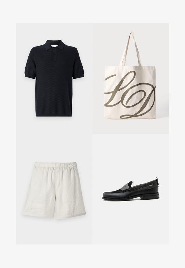 Polo noir avec un motif zigzag texturé, à manches courtes, et un col avec deux boutons. Fabriqué en tissu respirant.; Shorts en lin beige clair avec une taille élastique, présentant une coupe décontractée et des coutures minimales pour un design simple et décontracté.; Mocassin en cuir noir avec détail de bride grise, talon bas et semelle texturée, marqué "HUGO" en or sur le côté.; Sac fourre-tout en toile de couleur crème clair avec un grand design cursif "LD" en vert olive foncé. Il est doté de deux poignées solides pour le transport.