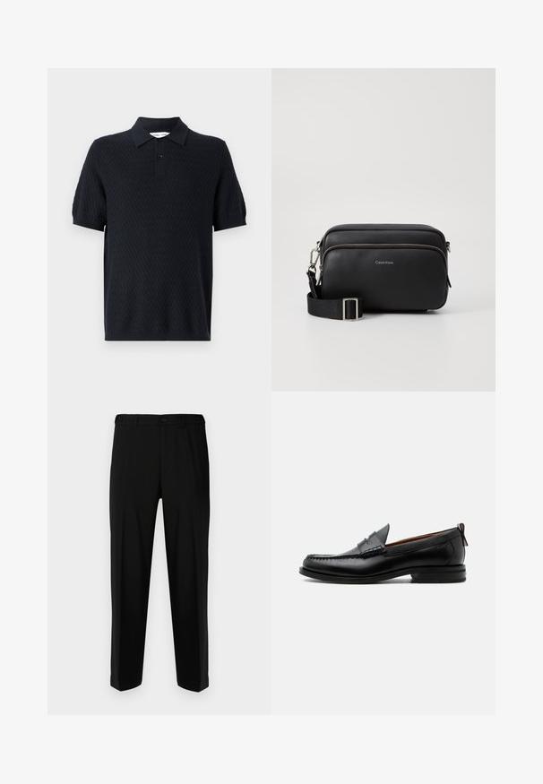 Polo negro con un patrón texturizado de zigzag, mangas cortas y un cuello con dos botones. Fabricado con un tejido transpirable.; Pantalones negros de tela suave, con corte recto, dos bolsillos frontales y cremallera con cierre de botón.; Mocasín de hombre de piel negra con costura moc toe, tira penny, cuello texturizado y tacón bajo apilado sobre fondo blanco.; Bolso bandolera de cuero negro con dos compartimentos con cremallera, acabado texturizado, correa ajustable y acentos de hardware en plata. Logo de Calvin Klein exhibido.