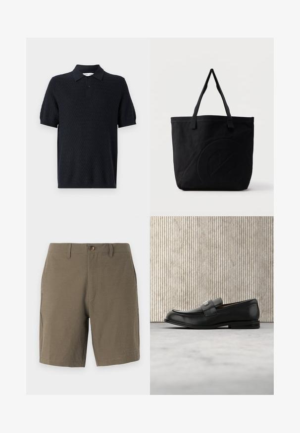 Zwarte polo met een gestructureerd zigzagpatroon, korte mouwen en een kraag met twee knopen. Gemaakt van een ademende stof.; Olivengroene shorts gemaakt van textuurstof, met een knoopsluiting en een platte voorkant, en zijzakken voor functionaliteit.; Zwarte leren loafer met een metalen merktekenplaatje, rustend bij een bruine ronde tafel op een beige tapijtvloer.; Zwarte canvas tas met twee schouderbanden en een subtiel, ingebosseleerd cirkelvormig ontwerp aan de voorkant.