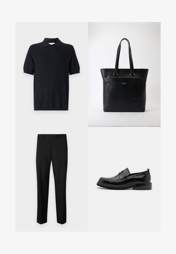 Polo noir avec un motif zigzag texturé, à manches courtes, et un col avec deux boutons. Fabriqué en tissu respirant.; Pantalons noirs ajustés avec une coupe plate, taille standard et jambes droites. Fabriqués en tissu lisse, dotés d'une fermeture à un bouton.; Calvin Klein MOCCASIN - Mocassins de ville - black; Sac cabas en cuir texturé noir avec deux anses, poche zippée à l’avant, anneau en métal et logo Lacoste sur fond blanc.