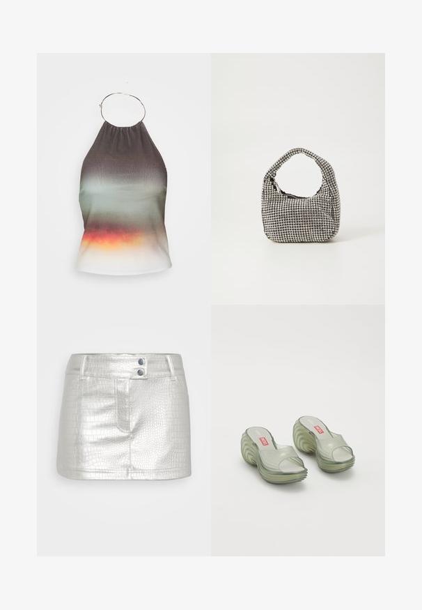 Halteri kaelusega topp, mis on valmistatud gradient kangast, mis muutub tumedast hallist roheliseks ja lõppeb oranžiga. Omab volditud kaelust ja metallringi detaili.; Hõbe, kunstnahast seelik, millel on tekstureeritud krokodillimuster, kahe sinise nööbi aktsendiga ja kitsa lõikega.; Melissa MELISSA QUANTUM PLATFORM X DIESEL AD - Kummikingad - clear; Mustmust, mille ümar kuju, kaetud väikeste hõbedaste kividest, lühikese käepideme ja ülemise lukuga.