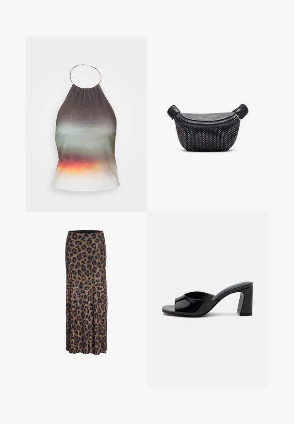 Halter-neck top v gradientnej látke, prechádzajúcej z tmavosivej do zelenej a končiacej v oranžovej. Obsahuje nahrabaný výstrih a detail kovového krúžku.; Sukňa s leopardím vzorom v hnedej a čiernej farbe, s ležérnym dizajnom a jemným volánikovým lemom, vyrobená z ľahkej a mäkkej látky.; Čierne lodičky z lakovanej kože s otvorenou špičkou, širokým remienkom a robustným stredne vysokým blokovým podpätkom na bielom pozadí.; Čierna dámska kabelka s hladkým koženým vrchom a štruktúrovaným dnom pokrytým striebornými cvokmi, s uzatváraním na zips a dvojitými uchami.