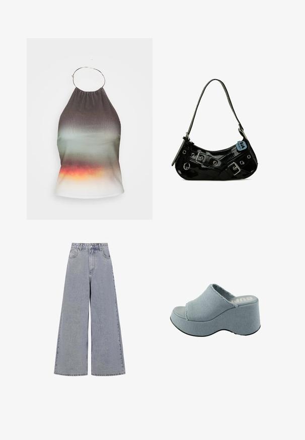 Halter-neck top i gradient stof, der skifter fra mørkegrå til grøn, afsluttende i orange. Har en samlet halsudskæring og metalringdetalje.; Lysblå bredbenede jeans lavet af denim, med høj talje, fire lommer og en klassisk knaplukning med subtil slid.; Lyseblå platform slide sandal med fransede tekstiloverdel, åben tå design, tyk, rund sål og tekstureret grå ydersål.; Sort lakeret skuldertaske med en buet form, udsmykket med sølvhardware, dekorative spænder og en kort rem. Blå mærkat vedhæftet.