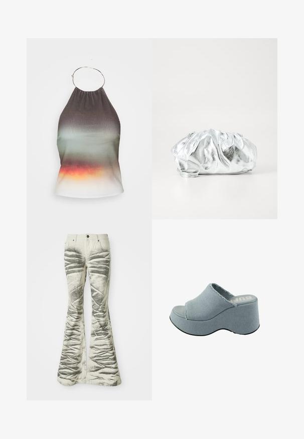Halter-neck top v gradientnej látke, prechádzajúcej z tmavosivej do zelenej a končiacej v oranžovej. Obsahuje nahrabaný výstrih a detail kovového krúžku.; Svetlé rozšírené džínsy s textúrovanými čiernymi horizontálnymi pruhmi a vrásčitými detailmi, s prednými vreckami a kovovým zapínaním.; Svetlomodré platformové šľapky so zfrkanou textíliou, otvorenou špičkou, hrubou okrúhlou podrážkou a textúrovanou šedou podrážkou.; Metalická strieborná kabelka na rameno s mäkkým, zbieraným telom a tenkým ramenným popruhom. Má hladký, lesklý povrch a okrúhly tvar.