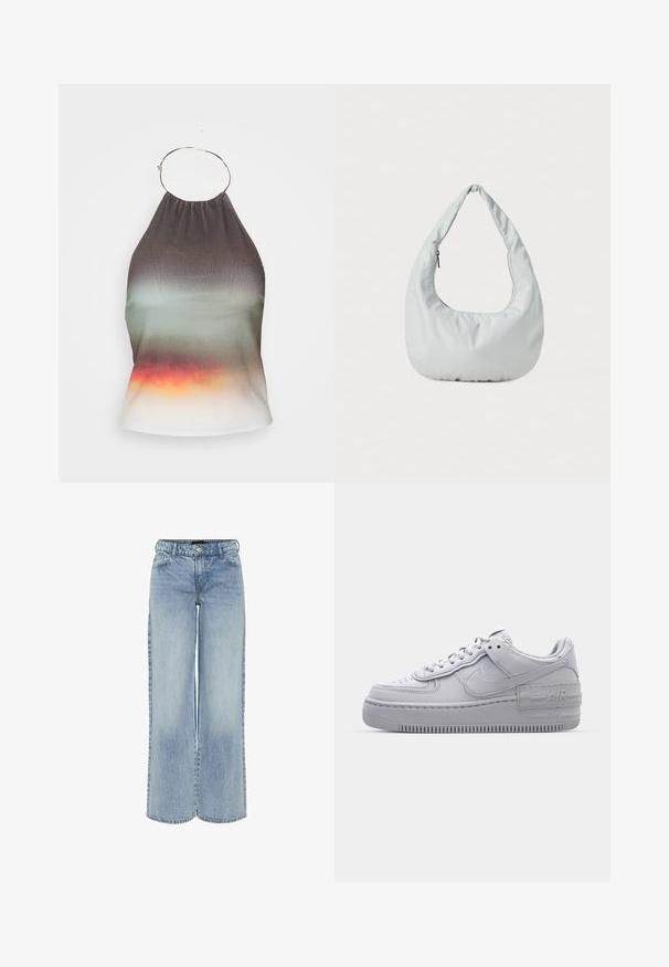 Halteri kaelusega topp, mis on valmistatud gradient kangast, mis muutub tumedast hallist roheliseks ja lõppeb oranžiga. Omab volditud kaelust ja metallringi detaili.; Heledad sinine laia säärega teksapüksid kõrge vöökoha, viie tasku ja peene pleekimisega. Omab vöörihmasid ja tõmbluku sulgemist.; Hallitus hallid Nike Air Force 1 sneakerid, millel on augustatud varvas, siledast nahast ülemine osa, paks tall ning reljeefne 'AIR' detail kontsapadjal.; Pehmea, heleda halli hobo-kott, mis on valmistatud sünteetilisest materjalist. Omab ühte pehmendatud sangaga kät ja külgmist lukkudega taskut.