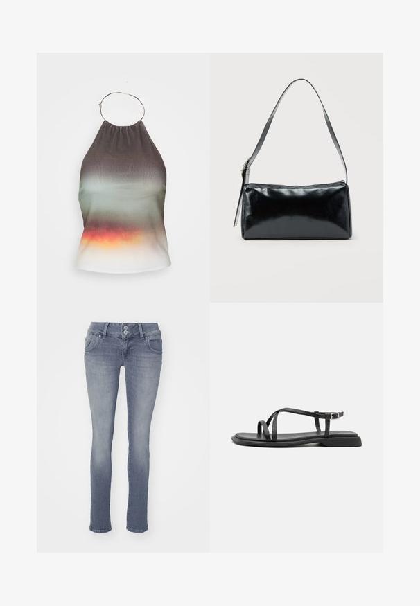 Halter-neck top v gradientnej látke, prechádzajúcej z tmavosivej do zelenej a končiacej v oranžovej. Obsahuje nahrabaný výstrih a detail kovového krúžku.; Chudé džínsy vo svetlom modrom denimovom prevedení, s klasickým dizajnom piatich vreciek, zapínaním na dve gombíky a jemným vyblednutím na prednej strane.; Čierne ploché sandále s tenkými nastaviteľnými popruhmi, obdĺžnikovým prstovým pásikom a textúrovaným matným povrchom. Majú nízky, mierne štvorcový opätok.; Čierna obdĺžniková kabelka na rameno s jedným nastaviteľným remienkom a horným zipsom na jednofarebnom pozadí.