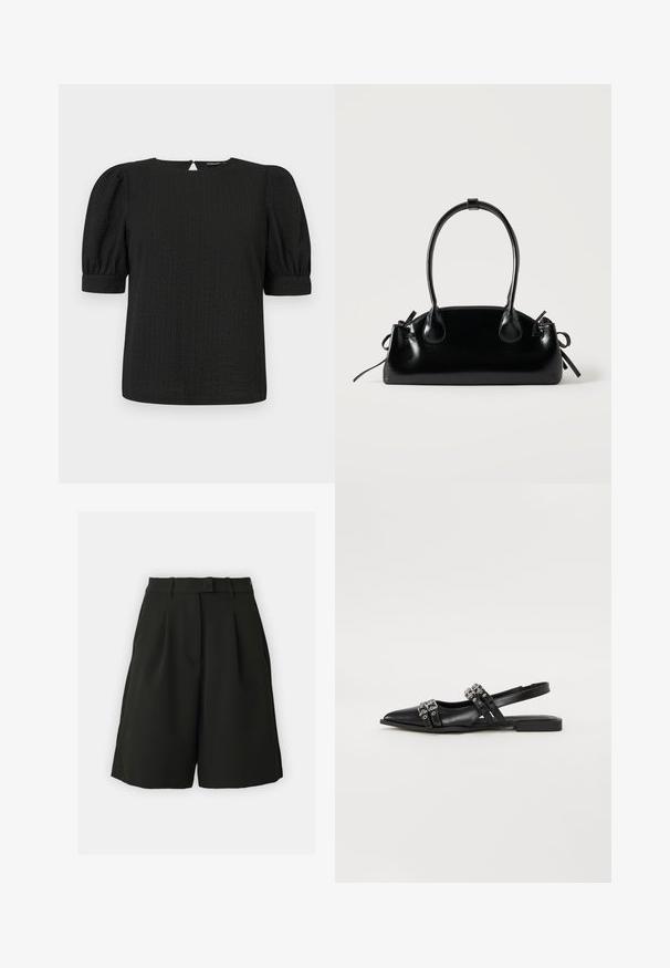 Must tekstuuriga pluus lühikeste paffvarrukate, ümmarguse kaeluse ja tagaküljel oleva avausega sulgumisega. Valmistatud kerge kangaga.; Vero Moda Tall VMBECCA BERMUDA - Lühikesed püksid - black; Even&Odd Kannarihmaga baleriinad - black; Väike must läikiv käekott kahe pika sangaga ja külgedel paelakinnitustega, ühel lihtsal helel taustal.