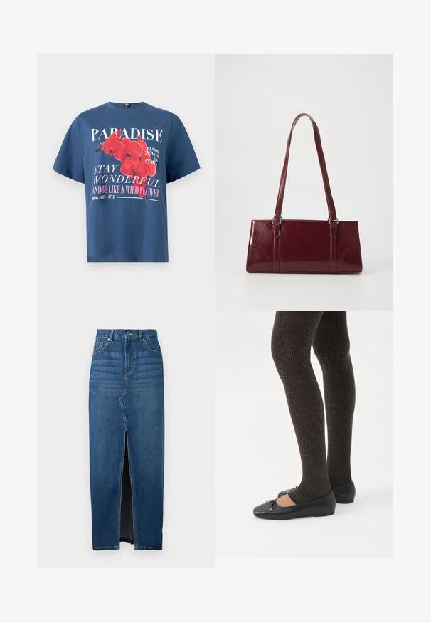 Blauw katoenen T-shirt met een bloemenafbeelding van rode orchideeën en witte tekst. Ronde halslijn en losse pasvorm.; Donkerblauwe denim rok met een voorkantinsnijding, hoge taille en vijf-pocket ontwerp. Gemaakt van stevig denim materiaal met zichtbare stiksels.; Benen met donkere geribbelde leggings gecombineerd met zwarte ballerina's met kleine strikdetails op een witte achtergrond.; Bourgondische handtas van glanzend materiaal, rechthoekige vorm, met twee schouderbanden en subtiele gebogen accenten aan de voorkant.
