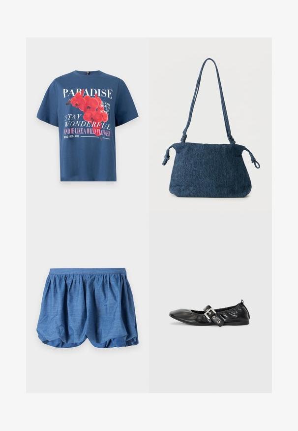 Blå bomulds-T-shirt med blomstergrafik med røde orkideer og hvid tekst. Rund halsudskæring og afslappet pasform.; Blå, letvægts shorts med en samlet elastisk talje og et blødt, tekstureret design. Har en blød stoffinish med en afslappet pasform.; Sorte læder flade sko med spids tå, samling detaljer omkring åbningen, og en sølv spænde accent på den justerbare rem.; Mørkeblå denim skuldertaske med knyttede stropender og en enkel rektangulær form mod en hvid baggrund.