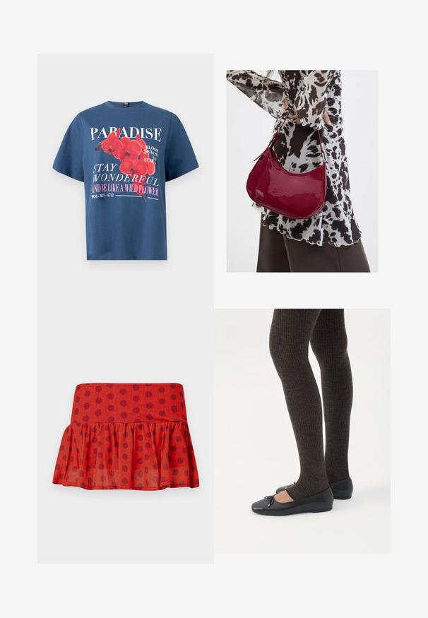 Blauw katoenen T-shirt met een bloemenafbeelding van rode orchideeën en witte tekst. Ronde halslijn en losse pasvorm.; Rode gerimpelde rok met zwarte stippen, gemaakt van lichtgewicht stof. Beschikt over een aansluitende tailleband en gelaagd ontwerp.; Benen met donkere geribbelde leggings gecombineerd met zwarte ballerina's met kleine strikdetails op een witte achtergrond.; Vrouw met een zwart-wit gebloemde blouse houdt een glanzende rode schoudertas vast tegen een effen achtergrond.