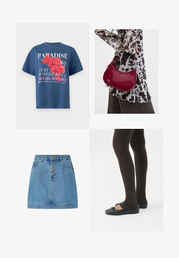 Blå bomulds-T-shirt med blomstergrafik med røde orkideer og hvid tekst. Rund halsudskæring og afslappet pasform.; Lysblå denimnederdel med en lige pasform, frontknaplukning med metalliske detaljer, to sidelommer og en syet kant.; Ben iført mørke ribbede leggings kombineret med sorte balletsko med små sløjfedetaljer på hvid baggrund.; Kvinde iført en sort- og hvidmønstret bluse, der holder en blank rød skuldertaske mod en ensfarvet baggrund.