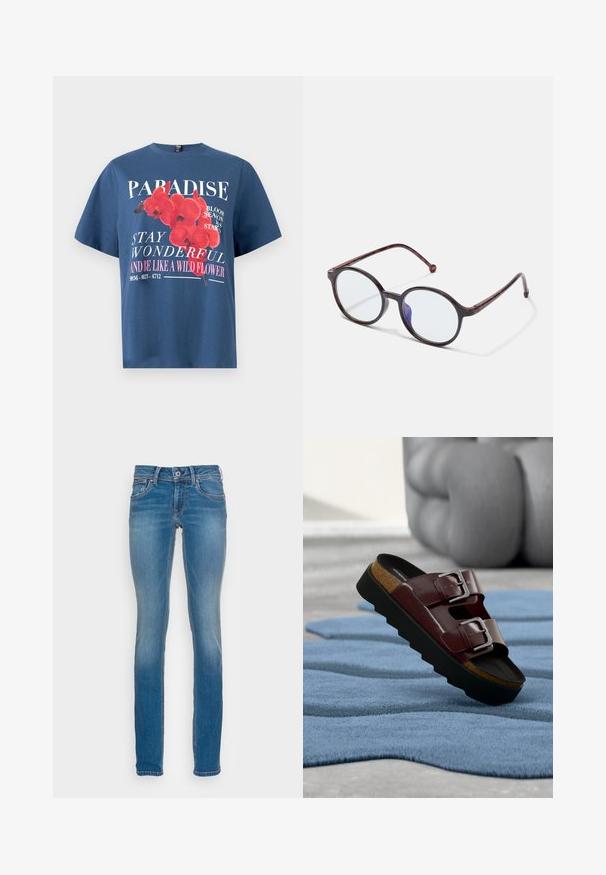 Blauw katoenen T-shirt met een bloemenafbeelding van rode orchideeën en witte tekst. Ronde halslijn en losse pasvorm.; Lichtblauwe denim jeans met een slim fit, vijf zakken en contrasterende oranje stiksels, met een knoop- en ritssluitingen.; Bruine leren sandaal met dubbele zilveren gespen en dikke zwarte zool, rustend op een gestructureerd blauw kleed in een moderne binnenruimte.; Ronde hoornachtige brillen met heldere lenzen en een subtiele blauwe lichtreflectie op een witte achtergrond.