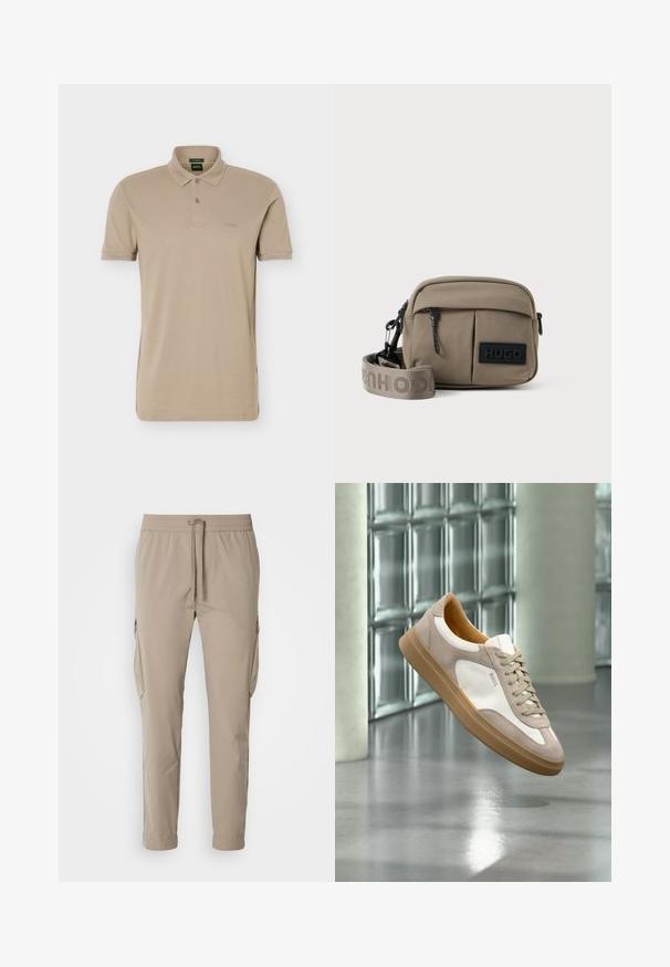 Beige polo-shirt med korte ærmer, to knapper og et lille præget logo på venstre bryst.; Beige cargo bukser med elastisk talje og snøre. Har sidelommer og en tapered ben design, lavet af letvægtsstof.; Beige og hvid sneaker med tan sål og "BOSS" logo, ophængt over en reflekterende glat gulv med glasblokvæg i baggrunden.; Khaki nylon crossbody taske med to lynlåslommer foran, justerbar rem og et sort logo-patch på forsiden. Glat tekstur.
