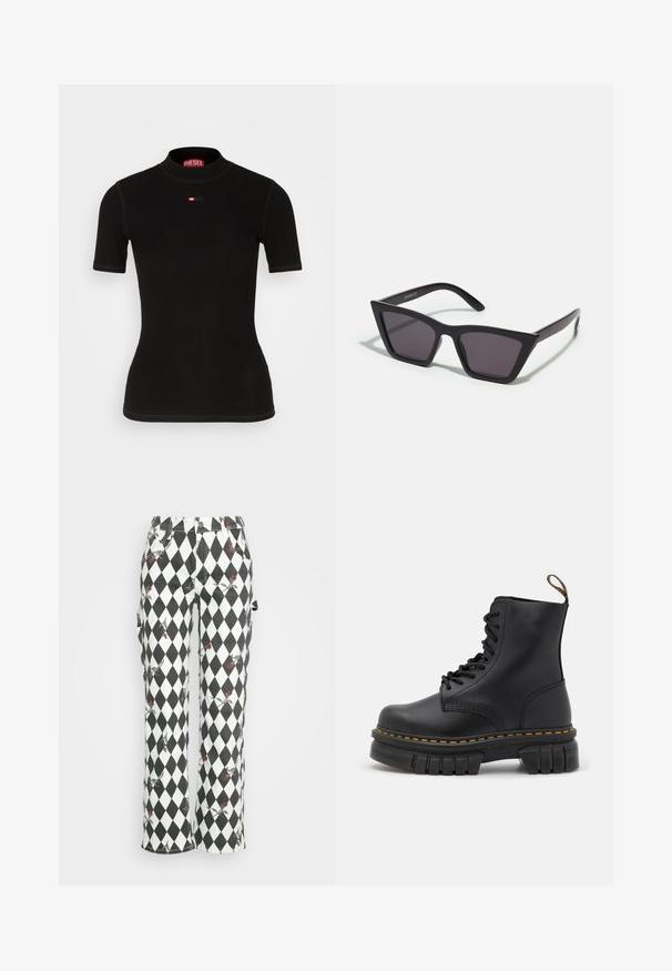 Haut noir à manches courtes en tissu côtelé, avec un col montant et un petit logo Diesel rouge sur la poitrine. Texture lisse et coupe ajustée.; Guess Originals GO ROSE DIAMOND CARPENTER PANT - Jean boyfriend - jet black multi; Botte en cuir noir à lacets avec une semelle épaisse, des coutures jaunes, un bout arrondi et une languette à l'arrière pour faciliter l'enfilage.; Lunettes noires angulaires avec des verres gris ; fabriquées en plastique, avec des branches épaisses à la surface lisse et sans matériel visible.