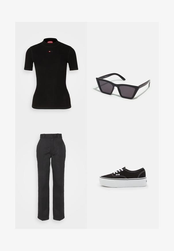 Haut noir à manches courtes en tissu côtelé, avec un col montant et un petit logo Diesel rouge sur la poitrine. Texture lisse et coupe ajustée.; Pantalons noirs avec une texture lisse, un design à jambe droite et une taille ceinturée. Présente une silhouette simple et classique sans motifs supplémentaires.; Baskets en toile noires avec une semelle en caoutchouc blanc, dotées de lacets et de coutures blanches, marquage emblématique sur le côté, design basse.; Lunettes noires angulaires avec des verres gris ; fabriquées en plastique, avec des branches épaisses à la surface lisse et sans matériel visible.