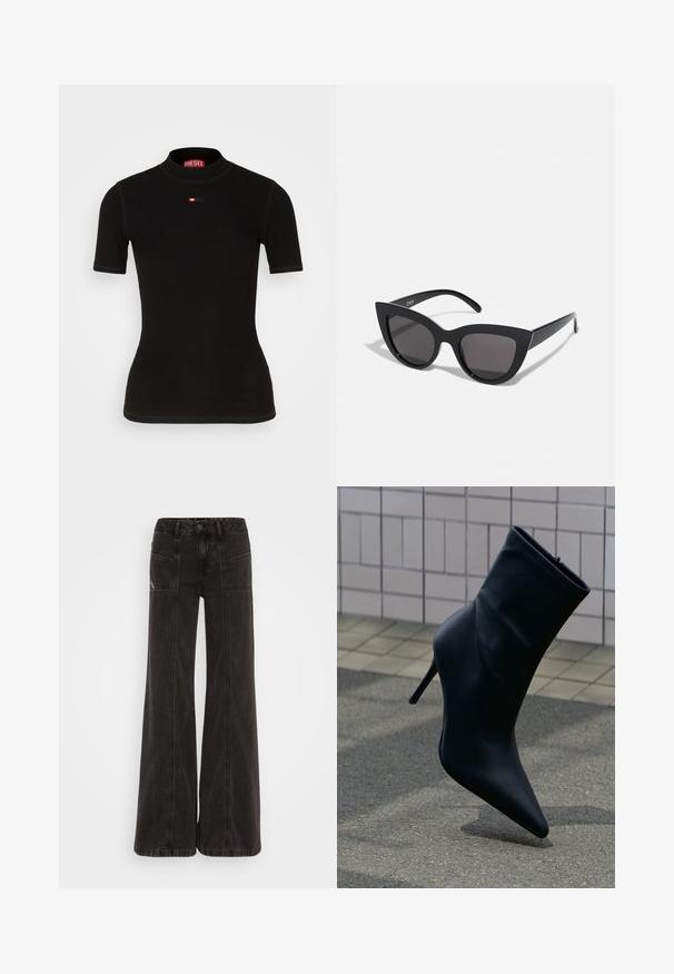 Haut noir à manches courtes en tissu côtelé, avec un col montant et un petit logo Diesel rouge sur la poitrine. Texture lisse et coupe ajustée.; Jeans noirs à jambe large en denim, avec une taille haute, des poches avant et des coutures ton sur ton le long des coutures.; Bottine en cuir noir à bout pointu et talon haut stilettos sur un trottoir carrelé et un sol en asphalte en arrière-plan.; Lunettes de soleil noires en forme d'œil de chat avec une finition mate, dotées de verres teintés gris, d'angles aigus et de branches élégantes. Nom de la marque visible sur la branche intérieure.