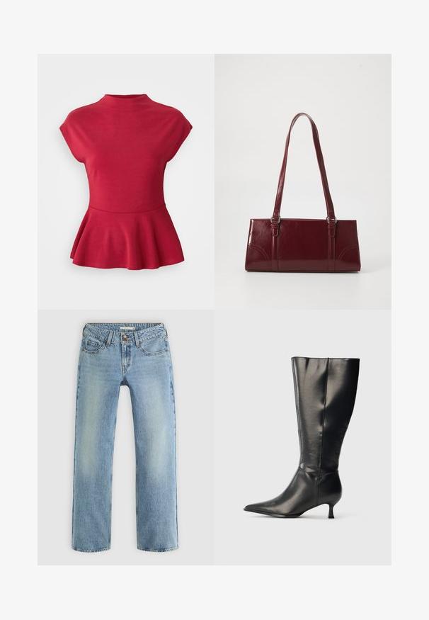 Rød capærmet peplum top med høj hals og tætsiddende talje.; Lyseblå lige ben jeans lavet af denim, med knaplukning, fem lommer og subtil falmning langs benene.; Sort knæhøj læderstøvle med spids tå og lav kittenhæl, vist på en enkel lys baggrund.; Bordeaux håndtaske lavet af glansfuldt materiale, rektangulær form, med to skulderremme og subtile buede detaljer på forsiden.