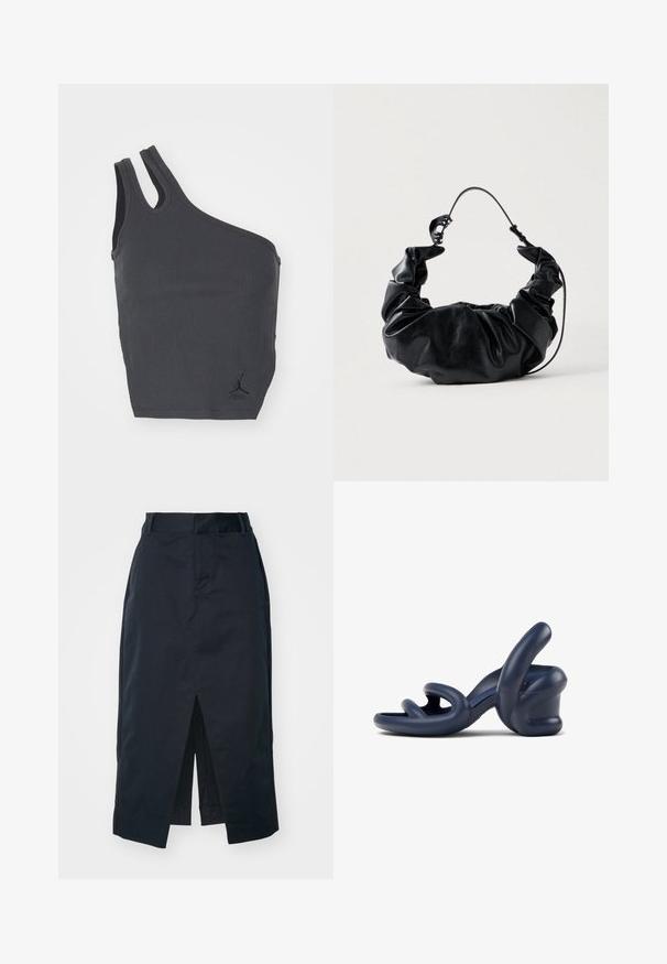 Sort ribbet tanktop med et unikt asymmetrisk design, der har en bred strop og en smal strop, inklusive et lille logo ved kanten.; Mørkeblå midi-skirt lavet af en bomuldsblanding, med en frontslids, en skjult lynlås og sidelommer for funktionalitet.; Mørkeblå højhælet sandal lavet af glat syntetisk materiale; har buede stropper og et unikt skulptureret hældesign.; Sort faux læder handbag med et blødt, samlet design og et fleksibelt håndtag, der fremviser en glat tekstur og en subtil glans.