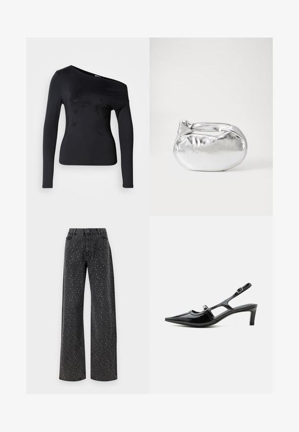 Sort langærmet top med off-shoulder design, prydet med blomster mønstre lavet af rhinsten på forsiden. Glat, strækbart stof.; Noisy May Rhinestone - Jeans Relaxed Fit - black denim; Sort laklæder spids tå slingback sko med lav hæl og to justerbare spænder, vist i sideprofil.; Sølvmetallic pose med en blød, rund form og en knyttet lukning foroven. Fremstillet af glat faux lædermateriale.