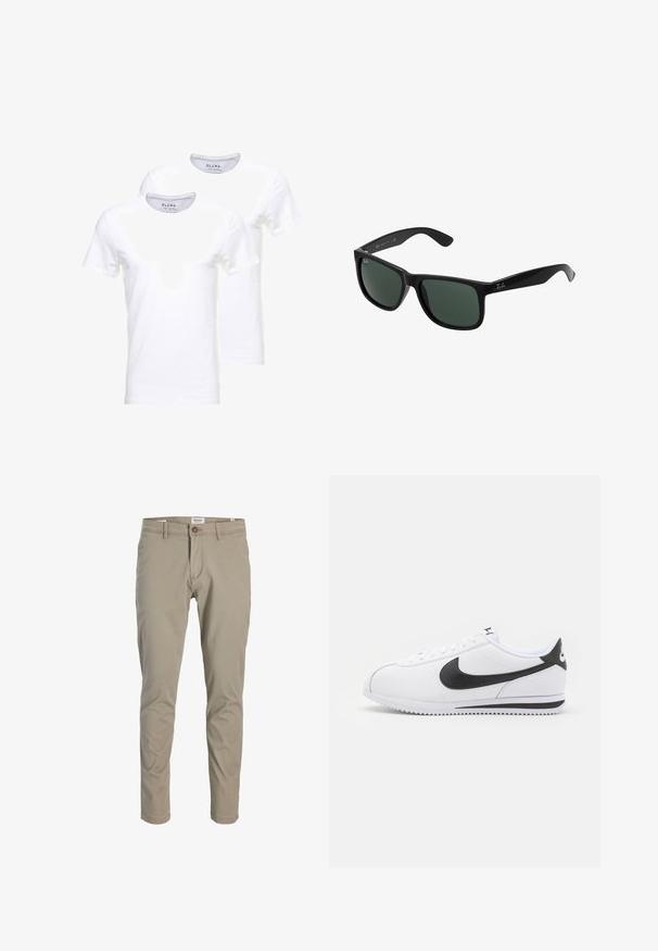 Zwei weiße T-Shirts mit kurzen Ärmeln aus Baumwolle, die einen runden Halsausschnitt und eine glatte Textur aufweisen. Das Etikett trägt die Aufschrift "BLEND."; Beige Slim-Fit Herrenhose mit Knopf- und Reißverschluss, Gürtelschlaufen und Fronttaschen, auf weißem Hintergrund dargestellt.; Weiße Ledersneaker mit schwarzem Nike-Swoosh, flachen Schnürsenkeln und strukturiertem Gummisohlen. Abgerundete Zehenpartie und gepolsterter Kragen für zusätzlichen Komfort.; Schwarze Plastiksonnenbrille mit grünen Gläsern, mit einem quadratischen Rahmen, glatter Oberfläche und dem auffälligen Ray-Ban Logo an den Bügeln.