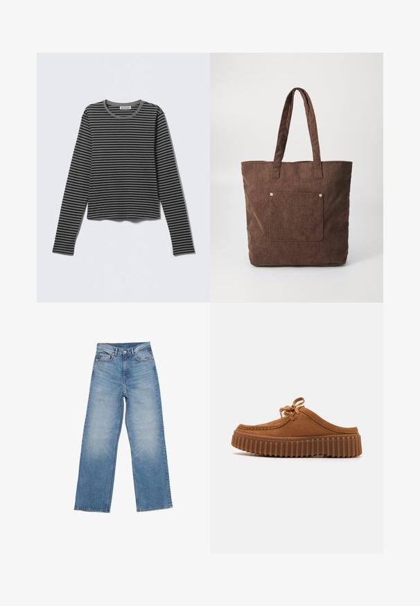 Langærmet, rundhalsede trøje med sorte og grå vandrette striber, mærket "Weekday," lagt fladt på en lys baggrund.; Lyseblå denimjeans har en lige ben design, fem lomme stil og en knaplukning. Stoffet har en falmet tekstur.; Brune ruskinds slip-on sko med en ribbet gummi sål, snøre detaljer og rundet design. Har stikninger langs de øverste kanter.; Brun kordfløjl tote taske med to håndtag, en frontlomme og gyldne metalakcenter. En simpel rektangulær form med struktureret stof.