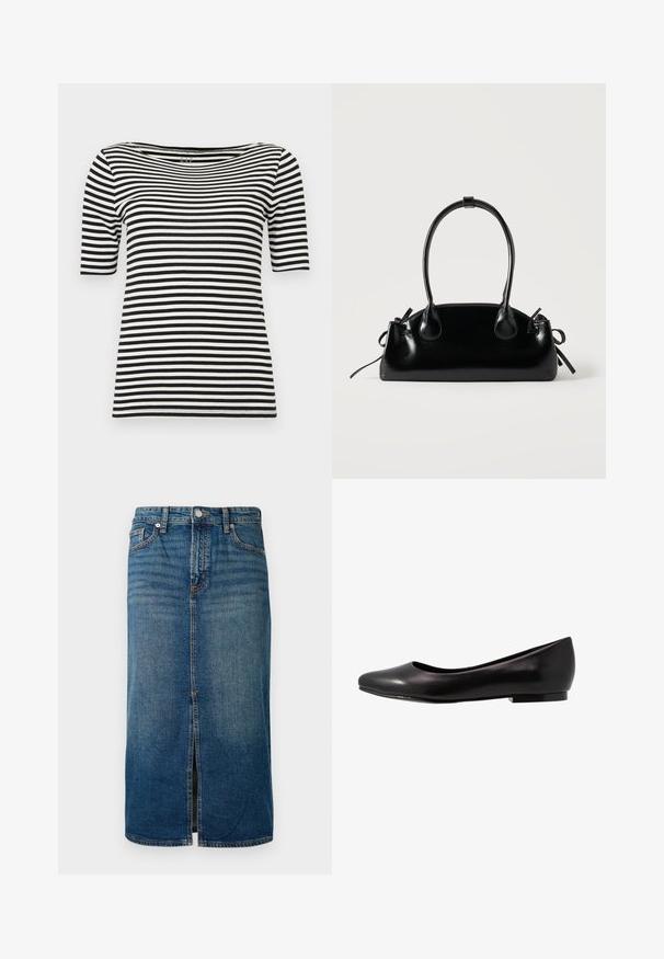 Μαύρο και άσπρο οριζόντιες ρίγες κοντομάνικου πουκαμίσου με φαρδύ στρογγυλό λαιμόκοψη, με ετικέτα GAP στον γιακά.; Τζην μίντι φούστα σε σκούρο μπλε χρώμα με εμπρόσθιο σκίσιμο, πέντε τσέπες και αντίθεση ραφής. Διαθέτει κούμπωμα με κουμπί και φερμουάρ στη μέση.; Μαύρη μπαλαρίνα από γυαλιστερό δέρμα με στρογγυλή μύτη και χαμηλή, επίπεδη σόλα. Έχει λεία υφή με απλό και κομψό σχέδιο.; Μικρή μαύρη γυαλιστερή τσάντα με δύο μακριές λαβές και λεπτομέρειες με ρυθμιζόμενο κορδόνι στο πλάι σε απλό ανοιχτό φόντο.