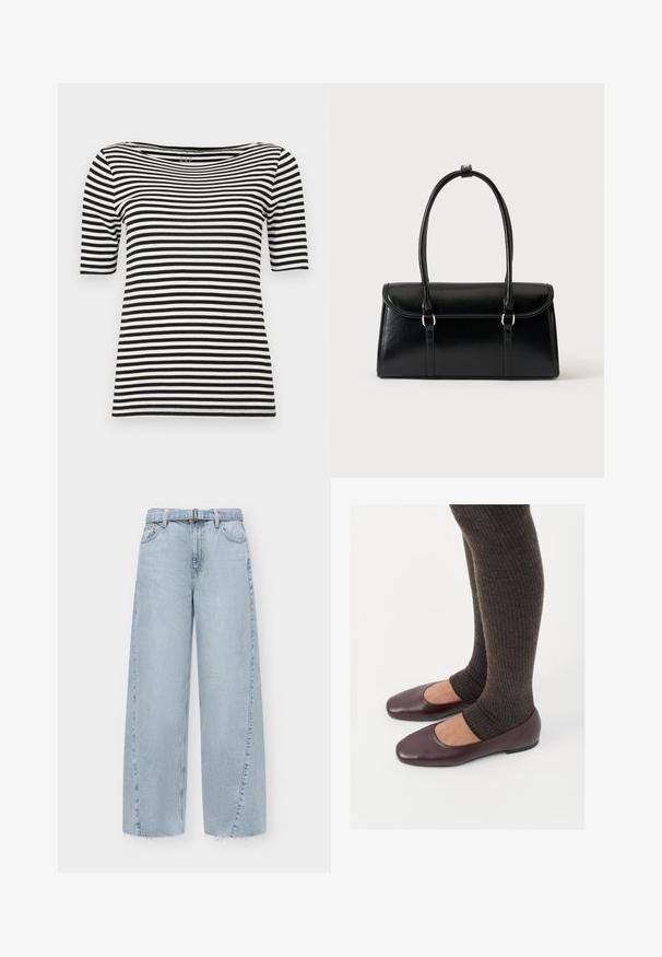 T-shirt rayé horizontal noir et blanc à manches courtes avec un large col rond, étiquette GAP au col.; Jean en denim bleu clair à jambes larges, taille haute, passants de ceinture, poches avant et ourlet brut.; Ballerines en cuir verni bourgogne à bout carré, accompagnées de chaussettes en tricot côtelé marron foncé atteignant le molet.; Sac à main rectangulaire en cuir noir avec fermeture à rabat et deux longues anses sur fond blanc uni.