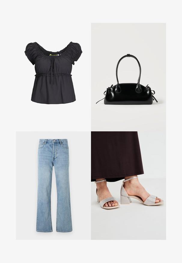 Blouse noire à manches courtes avec un col froncé et une taille élastique. Tissu doux avec une coupe décontractée, présentant un détail de nœud à l'avant.; Jean en denim bleu clair taille haute avec fermeture à boutons, poches avant et arrière, et coupe droite sur fond blanc.; Sandales à talon bloc argentées ornées avec un bout ouvert et une sangle de cheville. Dispose d'une texture pailletée sur les sangles et d'une semelle beige.; Petit sac à main noir brillant avec deux longues anses et des détails à cordon sur les côtés sur un fond clair uni.