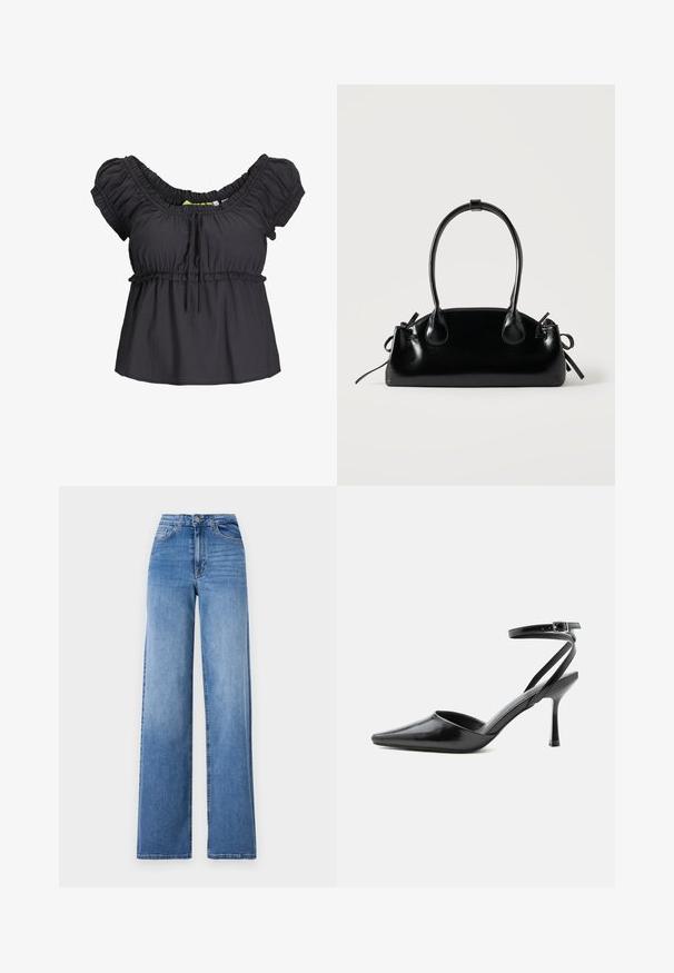 Zwarte blouse met korte mouwen, een verzamelde halslijn en een elastische tailleband. Zachte stof met een ontspannen pasvorm, met een strikdetail aan de voorkant.; Lichtblauwe wijd uitlopende spijkerbroek van denim, met een hoge taille, voorkruiszakken en een standaard knoopsluiting. Gladde textuur.; Zwarte pumps met puntige neus, dunne enkelbandjes en een zilveren gesp op een effen lichte achtergrond.; Kleine zwarte glanzende handtas met twee lange hengsels en zijkant trekkoord details op een effen lichte achtergrond.