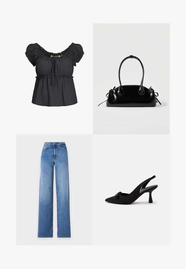 Zwarte blouse met korte mouwen, een verzamelde halslijn en een elastische tailleband. Zachte stof met een ontspannen pasvorm, met een strikdetail aan de voorkant.; Lichtblauwe wijd uitlopende spijkerbroek van denim, met een hoge taille, voorkruiszakken en een standaard knoopsluiting. Gladde textuur.; Zwarte slingback pumps met een spits toelopende neus, kleine strik aan de voorkant en een smalle hak, afgebeeld tegen een witte achtergrond.; Kleine zwarte glanzende handtas met twee lange hengsels en zijkant trekkoord details op een effen lichte achtergrond.