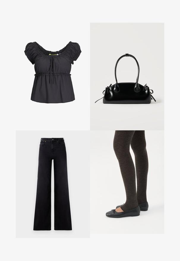 Zwarte blouse met korte mouwen, een verzamelde halslijn en een elastische tailleband. Zachte stof met een ontspannen pasvorm, met een strikdetail aan de voorkant.; Hoge taille zwarte wijde jeans met voorkruiszakken, riemlussen en een knoopsluiting.; Benen met donkere geribbelde leggings gecombineerd met zwarte ballerina's met kleine strikdetails op een witte achtergrond.; Kleine zwarte glanzende handtas met twee lange hengsels en zijkant trekkoord details op een effen lichte achtergrond.
