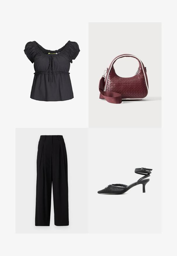 Blusa negra de manga corta con cuello fruncido y cinturilla elástica. Tejido suave con un corte holgado, que presenta un detalle de lazo en la parte delantera.; Pantalones de pierna ancha negros, hechos de una tela suave, con una cinturilla alta, pliegues en la parte delantera y una silueta fluida.; Tacón kitten negro de punta puntiaguda con parte superior de encaje, borde festoneado y correa de tobillo envolvente con cierre de hebilla.; Bolso de mano de cuero tejido color granate con asa curva, ribete blanco, cremallera plateada y correa desmontable de tela ancha para el hombro sobre fondo liso.