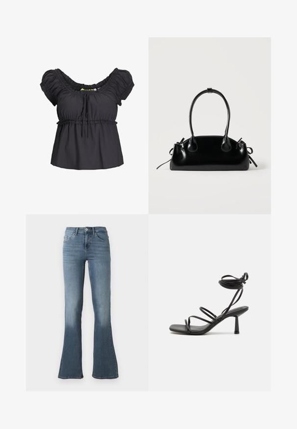 Sort bluse med korte ærmer, samlet halsudskæring og elastisk talje. Blødt stof med en afslappet pasform, der har en bindedetalje fortil.; Lyseblå jeans i denim med høj talje, knap- og lynlåslukning, lommer foran og bagpå samt vide ben.; Sort strappy sandal med firkantet tå, justerbare ankelbind og en slank, blokhæl. Fremstillet af et glat, holdbart materiale.; Lille sort blank håndtaske med to lange håndtag og snøre-detaljer i siden på en ensfarvet lys baggrund.