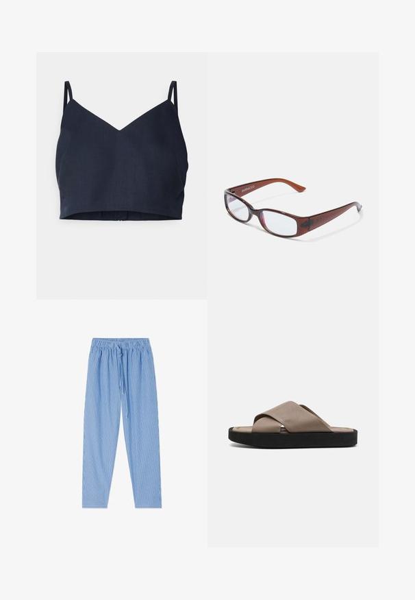 Mørkeblå cropped cami-top med V-udskæring og tynde stropper. Lavet af et glat stof med en let glans og en ren kant.; Blå og hvide lodrette stribede bukser med elastisk talje og snøre, lagt fladt på hvid baggrund.; Brune lædersandaler med skridsikre remme og struktureret overdel. Den sorte gummisål giver kontrast og holdbarhed.; Brune-farvede rektangulære briller med en glat overflade, der har slanke arme og gennemsigtige linser. Logoet er synligt på venstre temple.