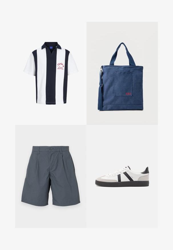 Polo à manches courtes avec de larges rayures verticales bleu marine et blanches, col bleu marine, et broderie de texte rouge sur la poitrine gauche.; Shorts gris en tissu léger, dotés d'une fermeture à bouton à l'avant, de deux poches latérales et d'un design à coupe droite.; Baskets blanches avec des accents noirs et gris, présentant un embout texturé gris, une semelle en caoutchouc noir et des lacets plats blancs. Design épuré, style minimaliste.; Sac fourre-tout en toile bleue avec poche frontale et broderie rouge "O.N.S", doté de doubles poignées et d'une bandoulière réglable.