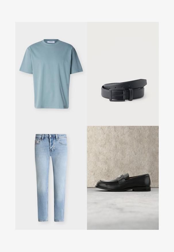 T-shirt bleu clair à manches courtes avec col rond, coupe décontractée et étiquette blanche visible à l'intérieur du col.; Jean slim bleu clair avec bouton à l'avant, fermeture éclair et design à cinq poches sur fond blanc.; Mocassin en cuir noir avec une plaque de marque en métal reposant près d'une table ronde marron sur un sol recouvert de moquette beige.; Ceinture en cuir noir texturé avec une boucle rectangulaire mate noire, enroulée sur un fond gris clair uni.