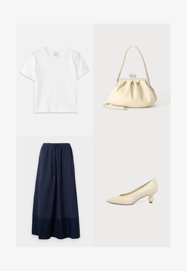 Camiseta de algodón blanca con cuello redondo, mangas cortas y dobladillo recto. Etiqueta con la marca "Won Hundred" en el centro del escote.; Falda maxi de color azul marino hecha de una tela suave, con una cinturilla elástica y un cordón, y un panel azul más oscuro en el dobladillo.; Zapato de mujer color crema con punta afilada y tacón bajo, con tacón redondo en forma de bola, sobre un fondo liso.; Bolso de mano de piel suave color crema con diseño fruncido, cierre de marco plateado, asa corta y una correa de cadena desmontable.