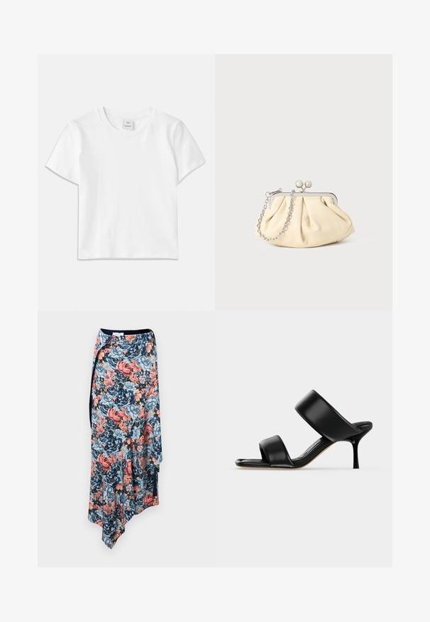Hvid bomulds-t-shirt med rund hals, korte ærmer og lige kant. Mærke med teksten "Won Hundred" placeret i midten af halsudskæringen.; Rabanne Pencil skirt - english tapestry/pink/blue/green; Sort læder mule sandal med to brede remme og en slank mellemhøj stiletthæl på en ensartet lys baggrund.; Plisseret beige læderclutch med en sølvmetalramme, der har to runde dekorative låse og en sølvkædetrasporte.