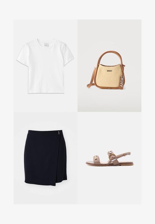 T-shirt en coton blanc avec un col rond, des manches courtes et un ourlet droit. Étiquette marquée "Won Hundred" au centre de l'encolure.; Jupe mini enveloppante marine en tissu lisse avec une fente sur le côté et un petit accent métallique à la taille. Design épuré et minimaliste.; Sandale plate beige avec deux brides, boucles dorées et accents métalliques décoratifs sur fond blanc.; Petit sac à main tressé beige avec garniture en cuir marron, poignée arrondie, bandoulière détachable, et logo DKNY argenté sur le devant ainsi qu'une étiquette.