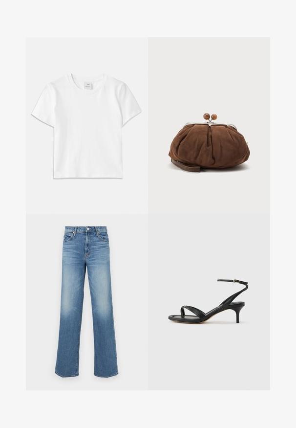 T-shirt en coton blanc avec un col rond, des manches courtes et un ourlet droit. Étiquette marquée "Won Hundred" au centre de l'encolure.; Mother MID RISE TUNNEL VISION SNEAK SUPERIOR - Jean boyfriend - blue denim; Sandale pour femme en cuir noir avec fines lanières, une boucle d'orteil, une boucle à la cheville et un talon aiguille de hauteur moyenne sur un fond neutre.; Petit sac poignet en daim marron doux avec cadre en métal argenté et boules rondes marron de fermeture sur fond clair uni.