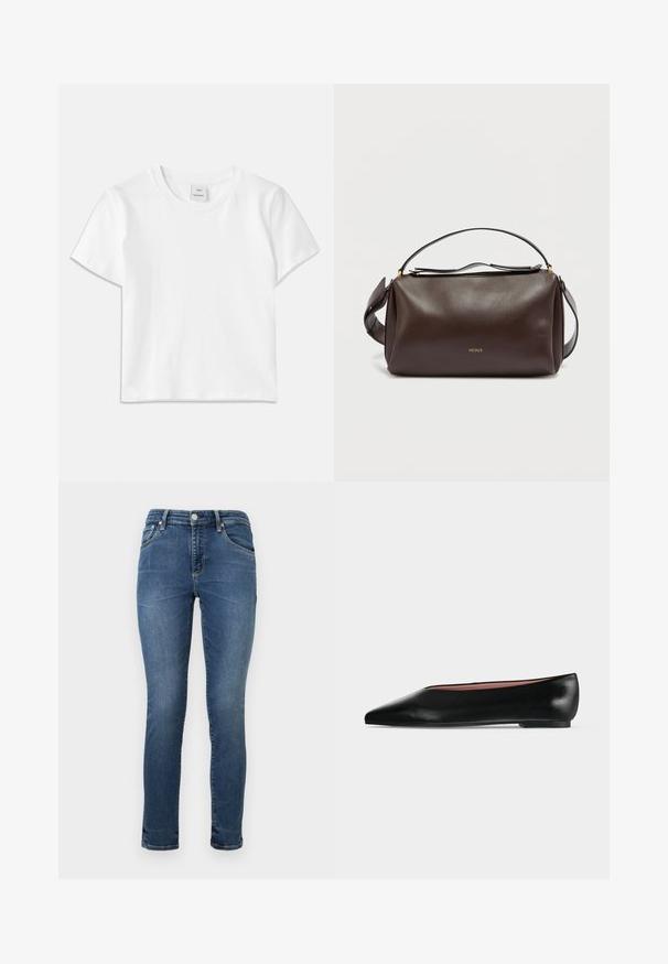 Weißes Baumwoll-T-Shirt mit Rundhalsausschnitt, kurzen Ärmeln und geradem Saum. Etikett mit der Aufschrift "Won Hundred" an der Mitte des Ausschnitts.; Dunkelblaue Skinny Jeans aus Denim mit normalem Bund, fünf Taschen und dezentem Ausbleichen im Oberschenkelbereich. Mit genähten Nähten abgeschlossen.; Schwarzer flacher Damenleder-Schuh mit spitzer Kappe und niedrigem Absatz, von der Seite auf einfarbigem hellgrauem Hintergrund gezeigt.; Braune Leder-Umhängetasche mit strukturiertem Design, ausgestattet mit einem goldenen Logo, einem Reißverschluss oben und einem abnehmbaren Riemen. Glatte Textur.