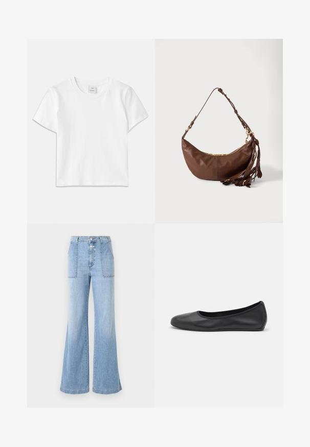 Weißes Baumwoll-T-Shirt mit Rundhalsausschnitt, kurzen Ärmeln und geradem Saum. Etikett mit der Aufschrift "Won Hundred" an der Mitte des Ausschnitts.; CLOSED ARIA - Flared Jeans - light blue; Schwarze Leder-Ballettschuhe mit abgerundeter Spitze, glatter Textur, minimalen Nähdetails und einem flexiblen Sohlen-Design.; Braune Lederschultertasche in Halbmondform mit goldenem Reißverschluss und mehreren Ledertasseln, die am Riemen vor weißem Hintergrund hängen.
