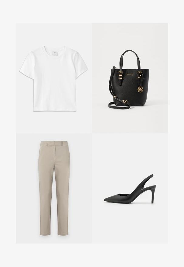 Hvid bomulds-t-shirt med rund hals, korte ærmer og lige kant. Mærke med teksten "Won Hundred" placeret i midten af halsudskæringen.; MM by MaxMara EFFETTO - Bukser - sand; Sorte læder slingback høje hæle med spids tå-design, der har en udskæring fortil og en tynd stiletto-hæl.; Sort pebblelæder tote taske med korte håndtag, aftagelig skulderrem, gyldent hardware og en rund logo pendant.